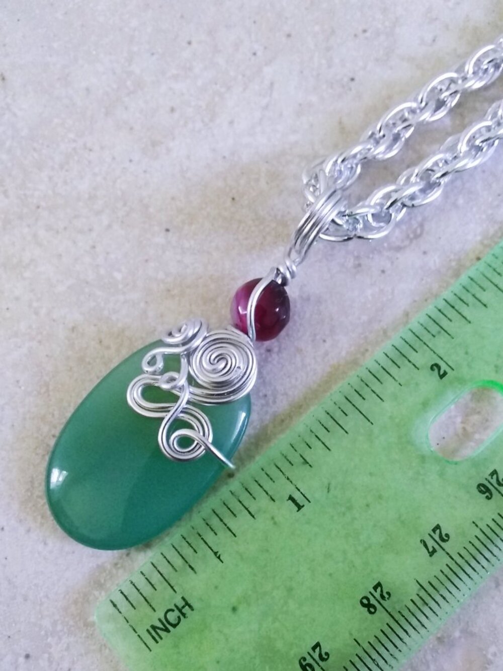 Handmade! Green + Raspberry Agate Pendant w. 18" Rope Chain - Vibrantly Unique! - Picture 11 of 11